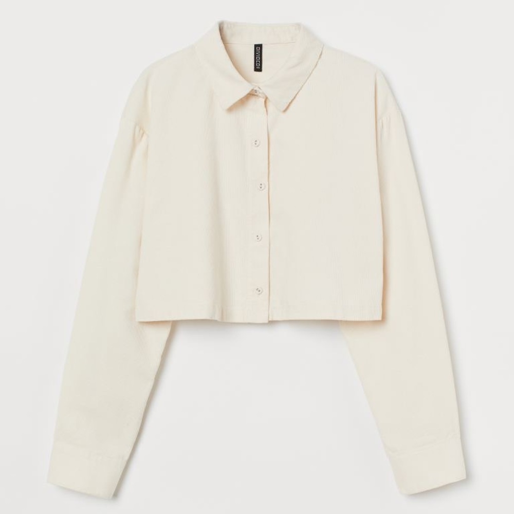 H&M white corduroy cropped button up collared shirt size XS